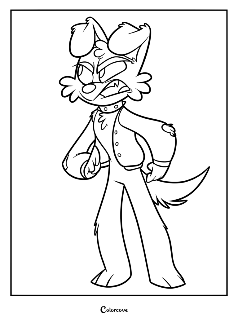 A line art coloring page of Rusty from Zoophobia, standing with a grumpy expression, wearing a collared jacket.