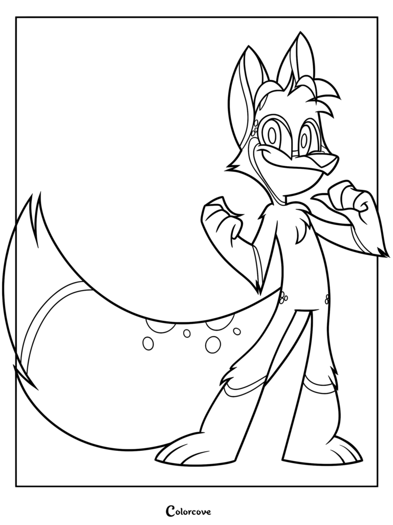 Spam from Zoophobia standing with fists raised in a confident pose, line art coloring page.