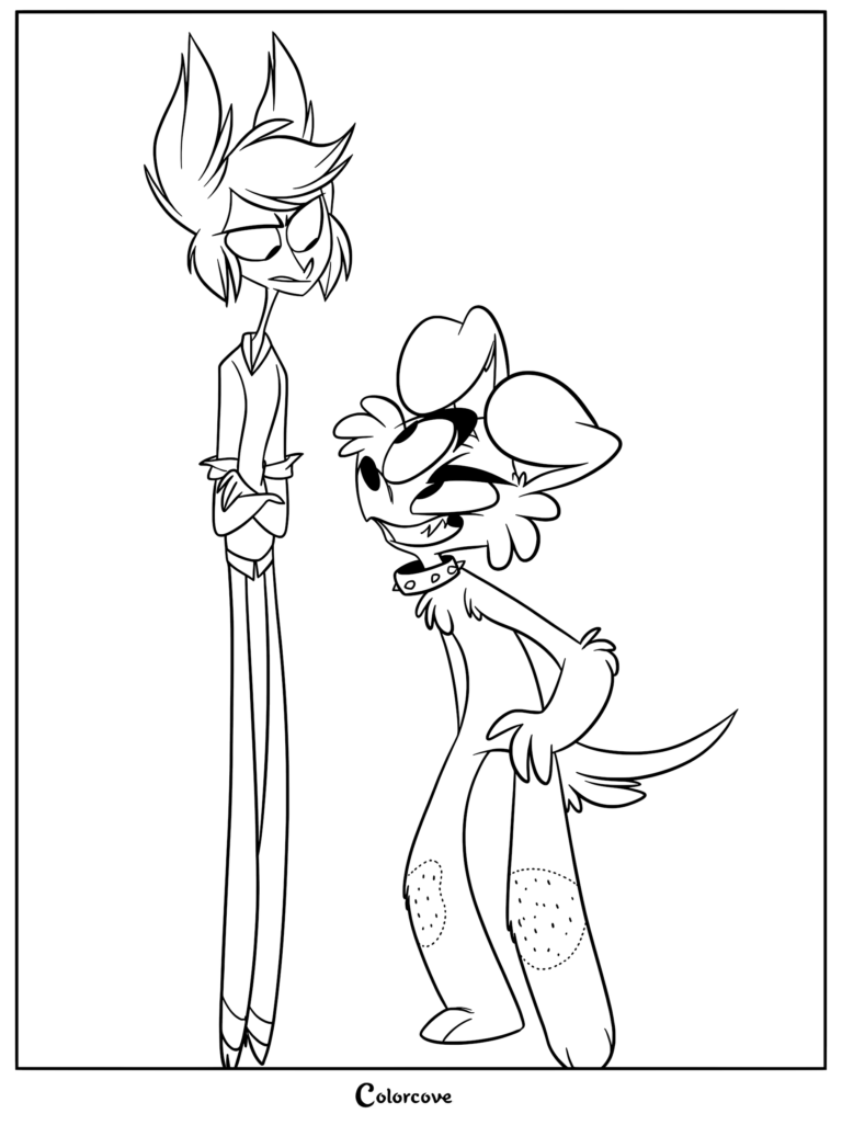 A printable coloring page featuring Rusty standing with arms crossed while looking down at a playful Autumn in the ZooPhobia style.