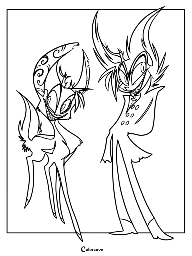 A printable coloring page featuring an early character design for Alastor from Zoophobia, showing him in both a human-like form and a deer shapeshifter form.