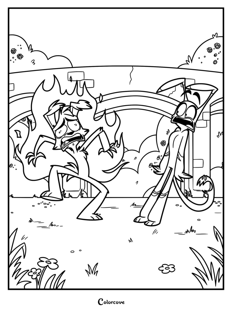 A printable coloring page featuring Jackson Wells covered in flames due to his eternal bad luck curse, standing next to a shocked Zill.