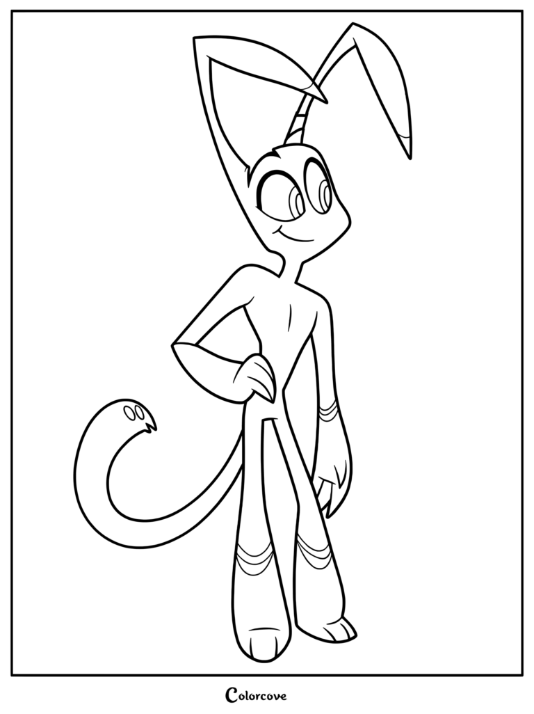Zillion from Zoophobia standing with one hand on his hip, featuring long ears and a tail with a face, presented as a clean line art coloring page.