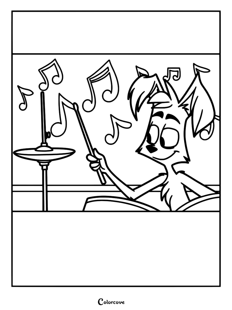 Bad Luck Jack playing drums with musical notes floating in the air in this Zoophobia coloring page.