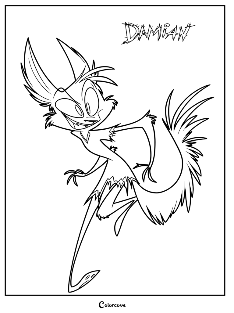 Damian from Zoophobia with large ears and a bushy tail in a dynamic pose, printable coloring page.