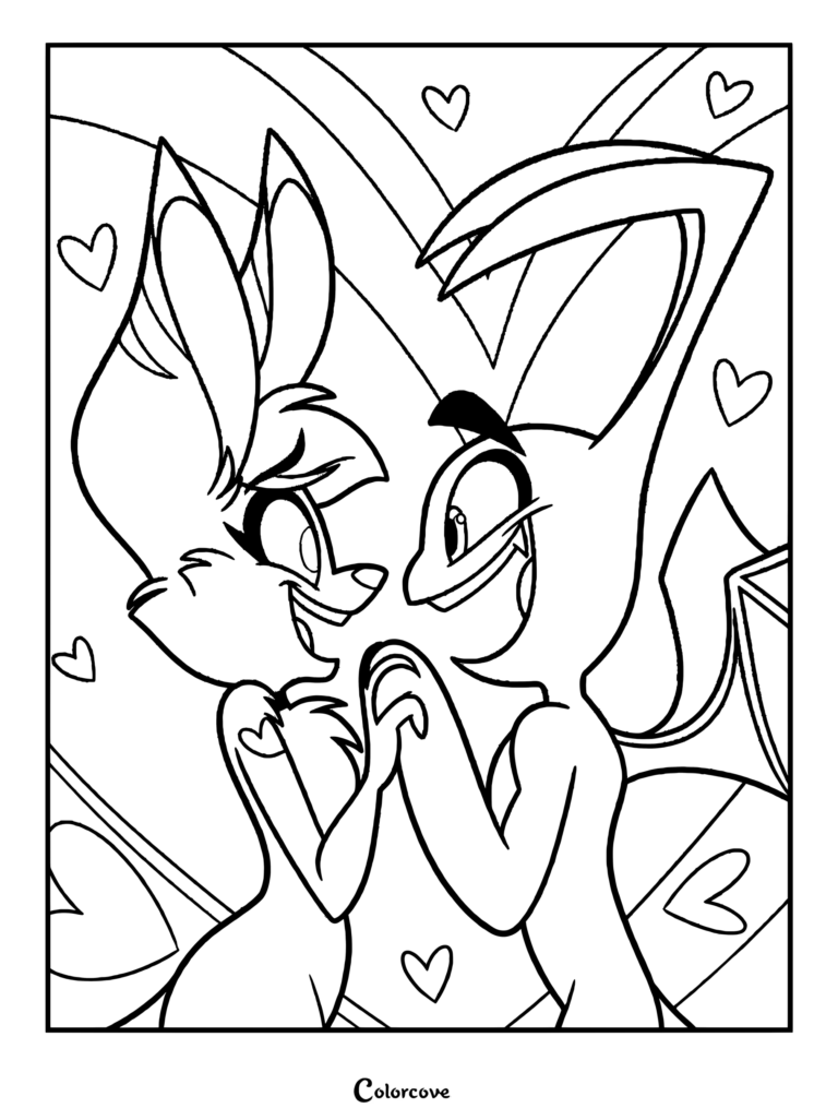Cameron and Kayla from Zoophobia holding hands in a romantic coloring page surrounded by floating hearts.