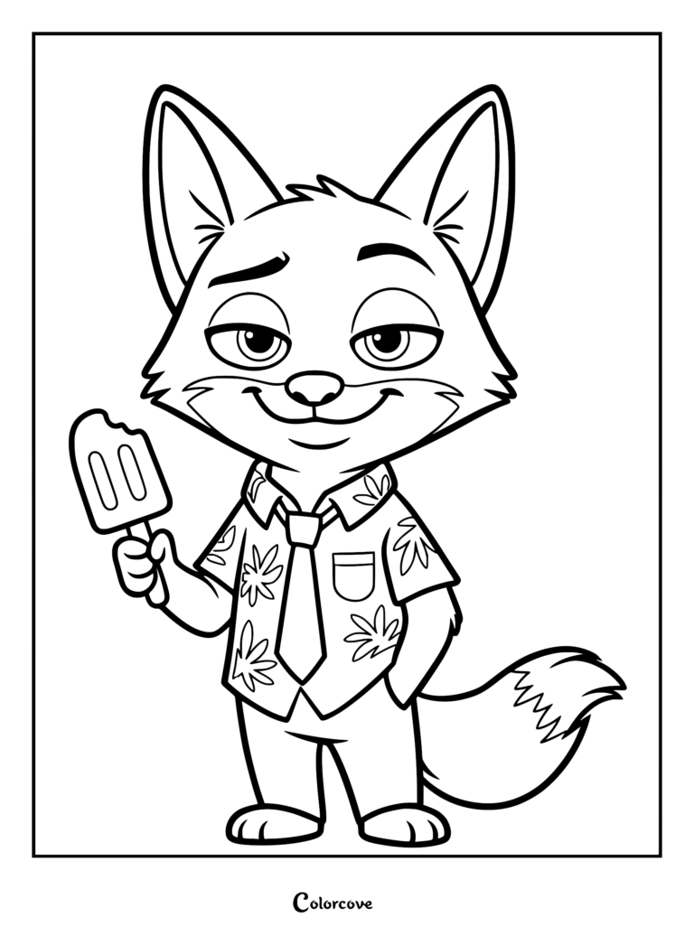 A cute chibi Nick Wilde coloring page featuring the Zootopia fox wearing his signature Hawaiian shirt and tie while holding a paw-shaped popsicle.