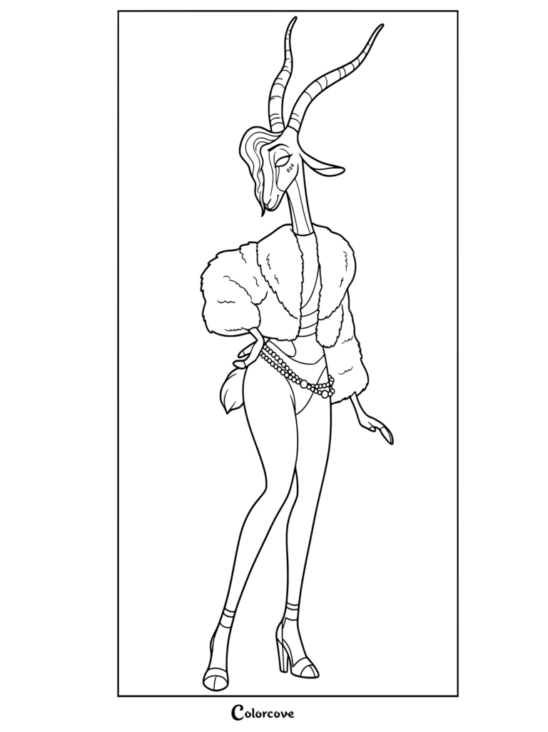 Gazelle from Zootopia wearing a fur coat and beaded belt in this printable coloring page.