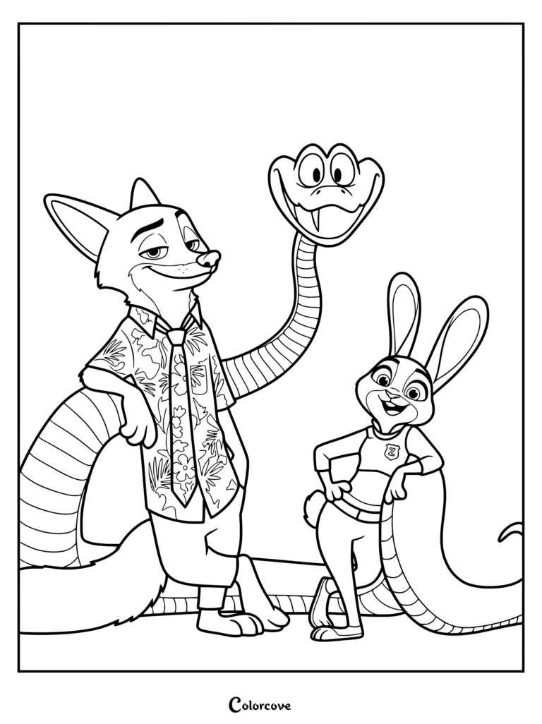 Judy Hopps, Nick Wilde, and Gary De'Snake standing together in a Zootopia coloring page illustration.