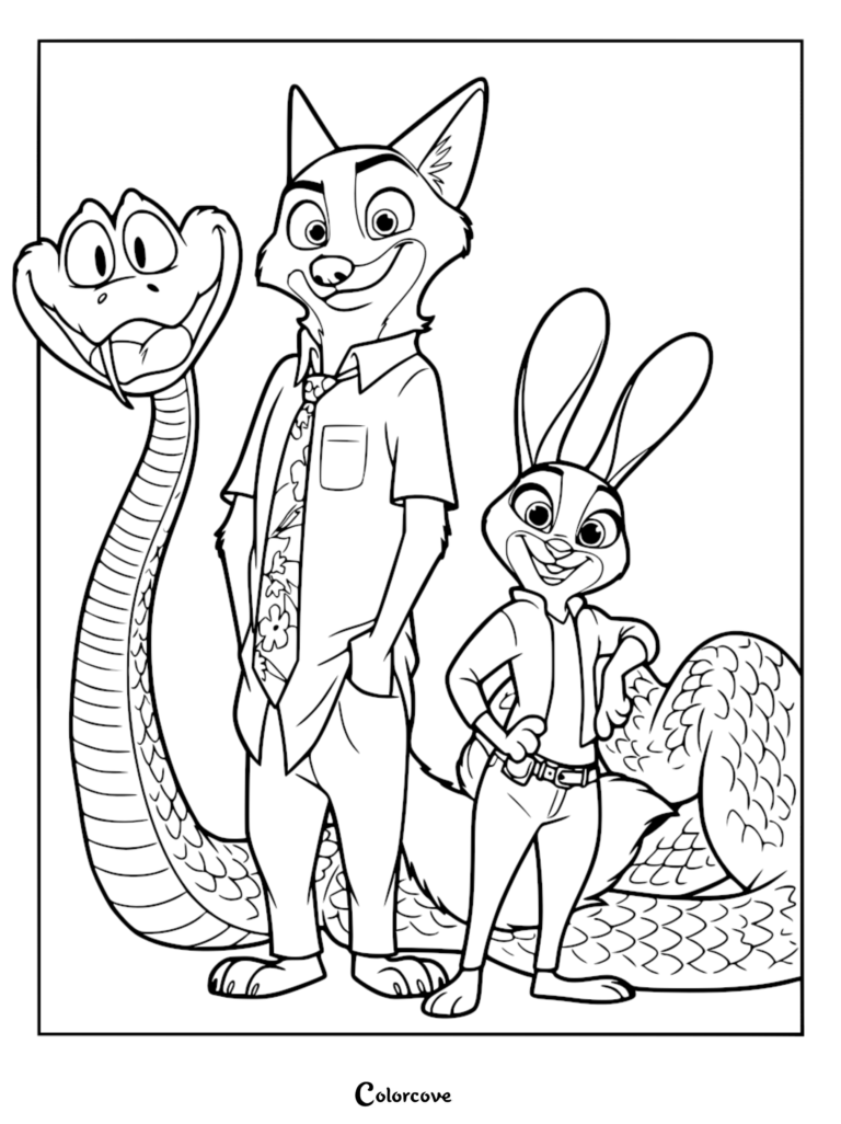 A printable coloring page featuring Judy Hopps, Nick Wilde, and Gary De'Snake standing together in a friendly group pose.