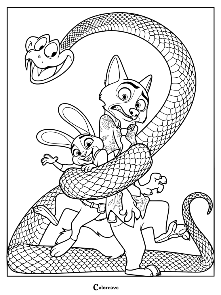 A printable coloring page featuring Judy Hopps and Nick Wilde being playfully coiled by the blue pit viper Gary De'Snake.
