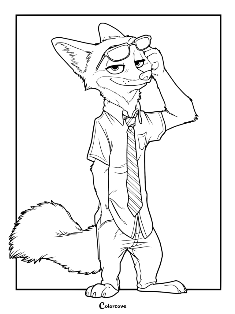 Nick Wilde from Zootopia wearing a button-down shirt and tie, adjusting his glasses in this detailed coloring page.