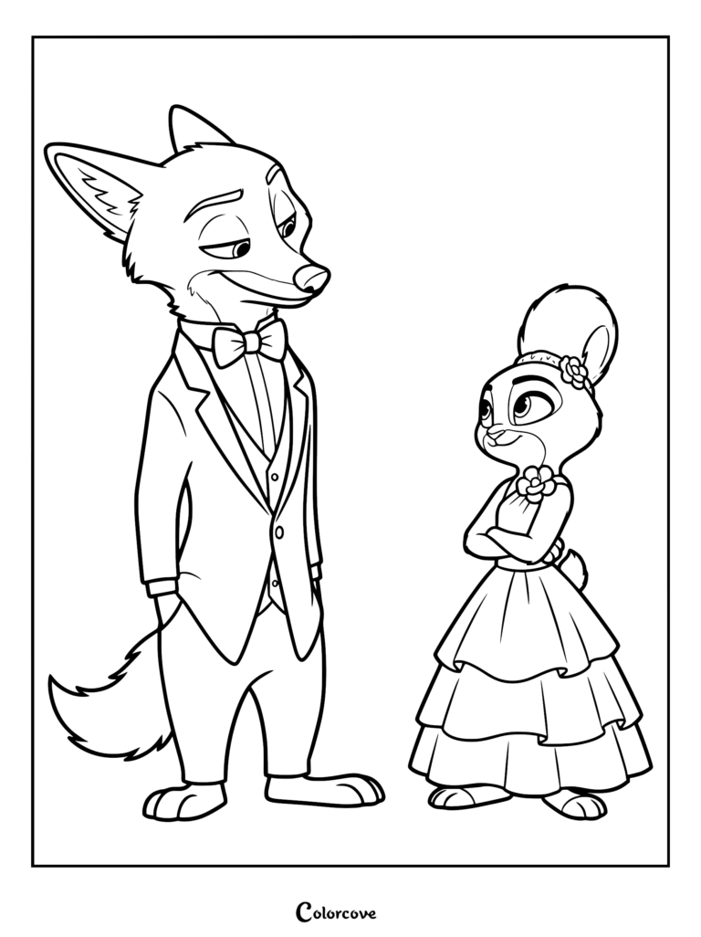 Nick Wilde in a tuxedo and Judy Hopps in a formal gown standing together in this Zootopia coloring page.