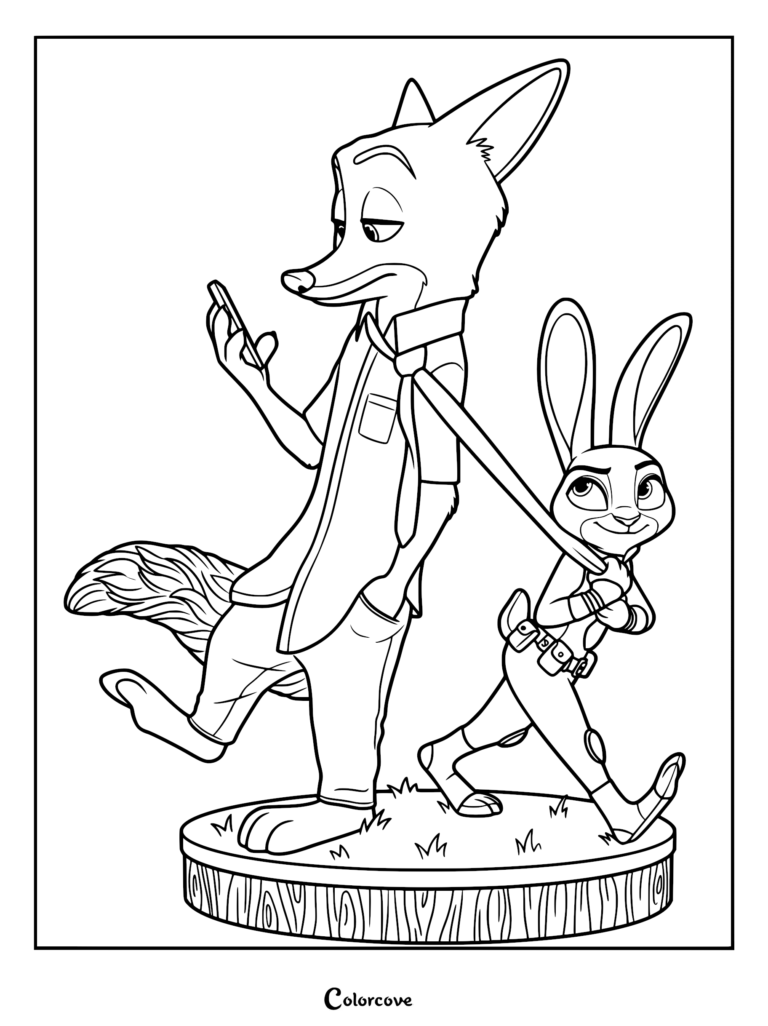Nick Wilde looking at his phone while Judy Hopps pulls his tie in this Zootopia coloring page.