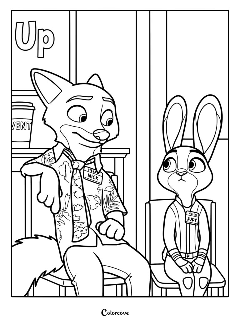 Nick Wilde and Judy Hopps wearing name tags while attending a counseling program in this Zootopia coloring page.