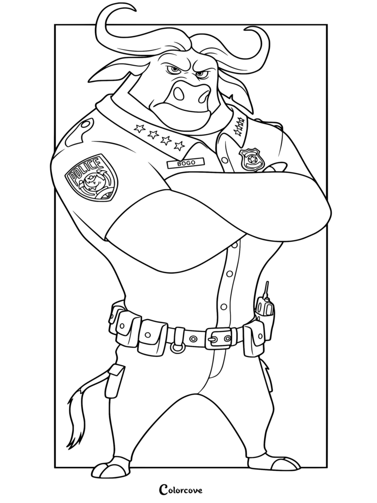 Chief Bogo from Zootopia standing with arms crossed in his police uniform, featured in a detailed line art coloring page.