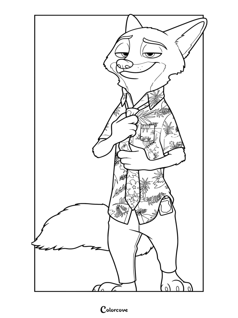 Nick Wilde from Zootopia wearing his signature tropical floral shirt and adjusting his necktie in this printable coloring page.