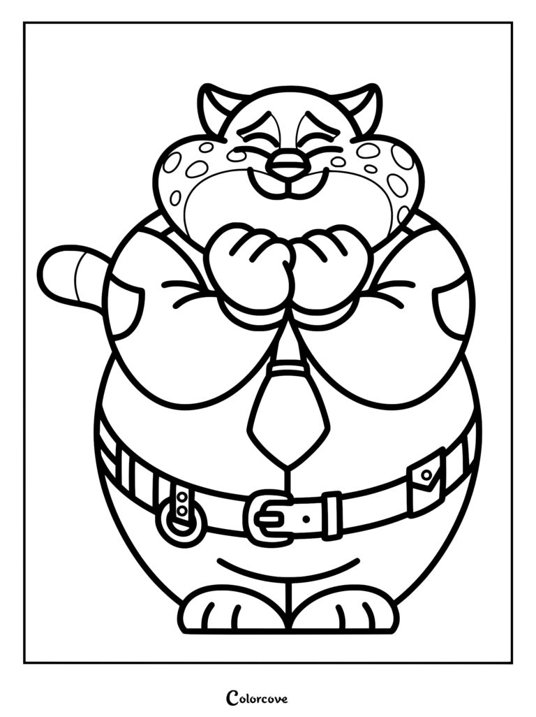A printable coloring page featuring Officer Benjamin Clawhauser from Zootopia, shown standing with his hands clasped together in a joyful expression while wearing his police uniform.