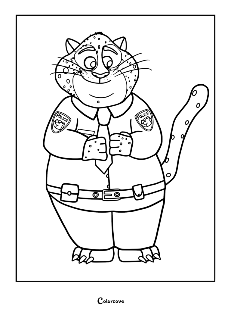 A printable coloring page featuring Officer Benjamin Clawhauser from Zootopia wearing his police uniform with badges on his shoulders.