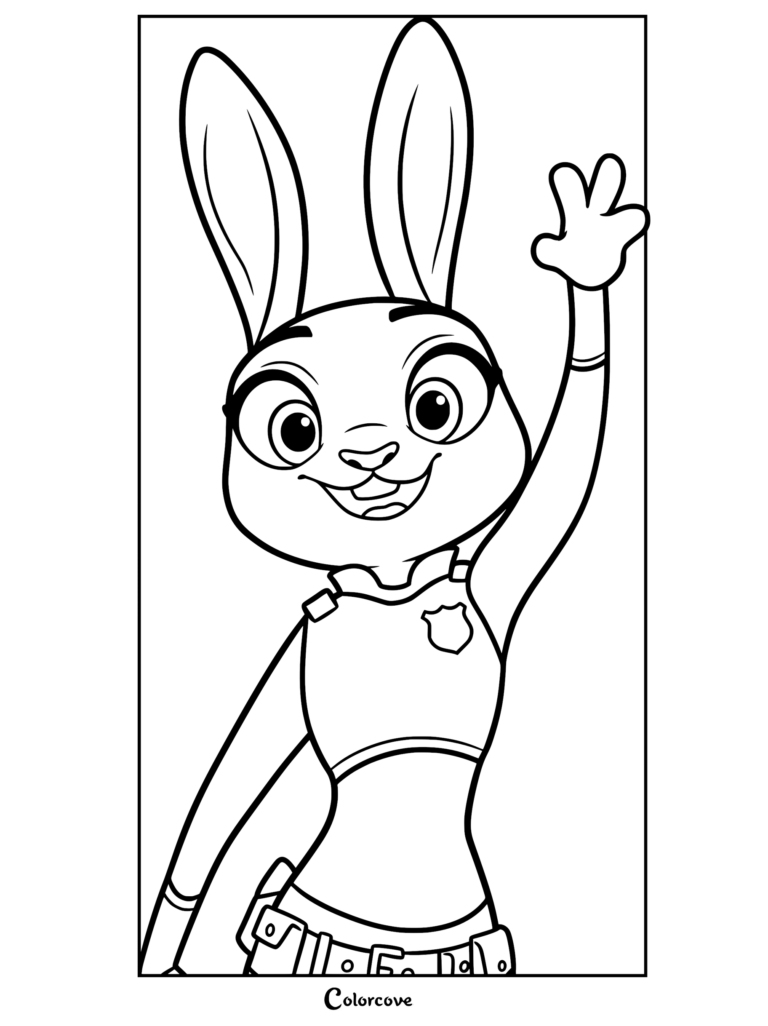 A printable coloring page featuring Officer Judy Hopps from Zootopia waving her hand while wearing her police uniform.