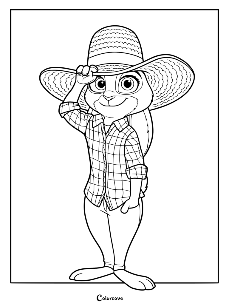Judy Hopps wearing a straw hat and plaid shirt in this printable Zootopia coloring page.