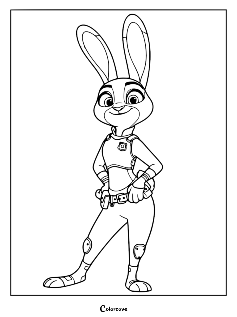 A printable coloring page featuring Officer Judy Hopps standing confidently in her Zootopia Police Department uniform with her hands on her hips.