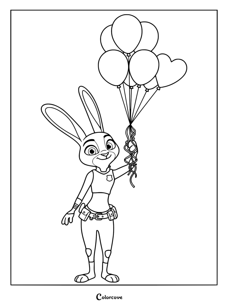 Officer Judy Hopps in her police uniform holding a bunch of balloons, printable coloring page.