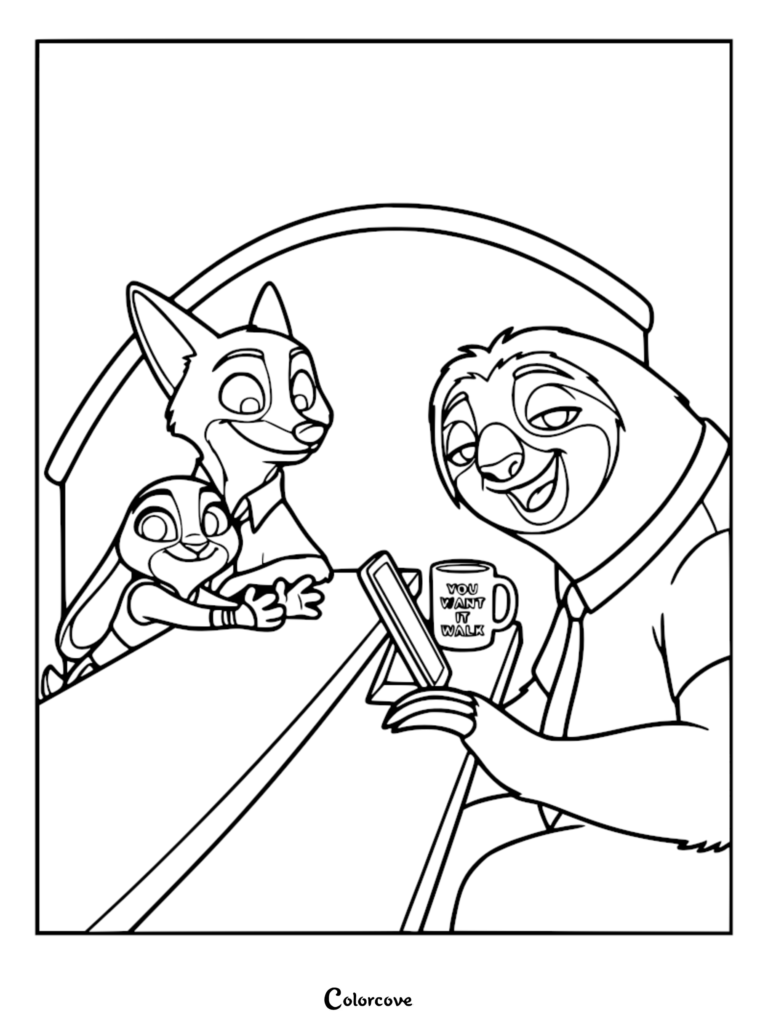 Printable coloring page featuring Officer Judy Hopps and Nick Wilde visiting Flash the sloth at the Department of Motor Vehicles desk.