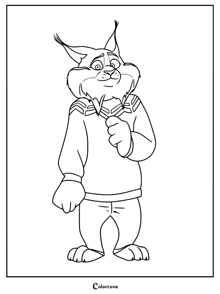 A printable coloring page featuring Pawbert, the youngest Lynxley family member, wearing a patterned sweater.