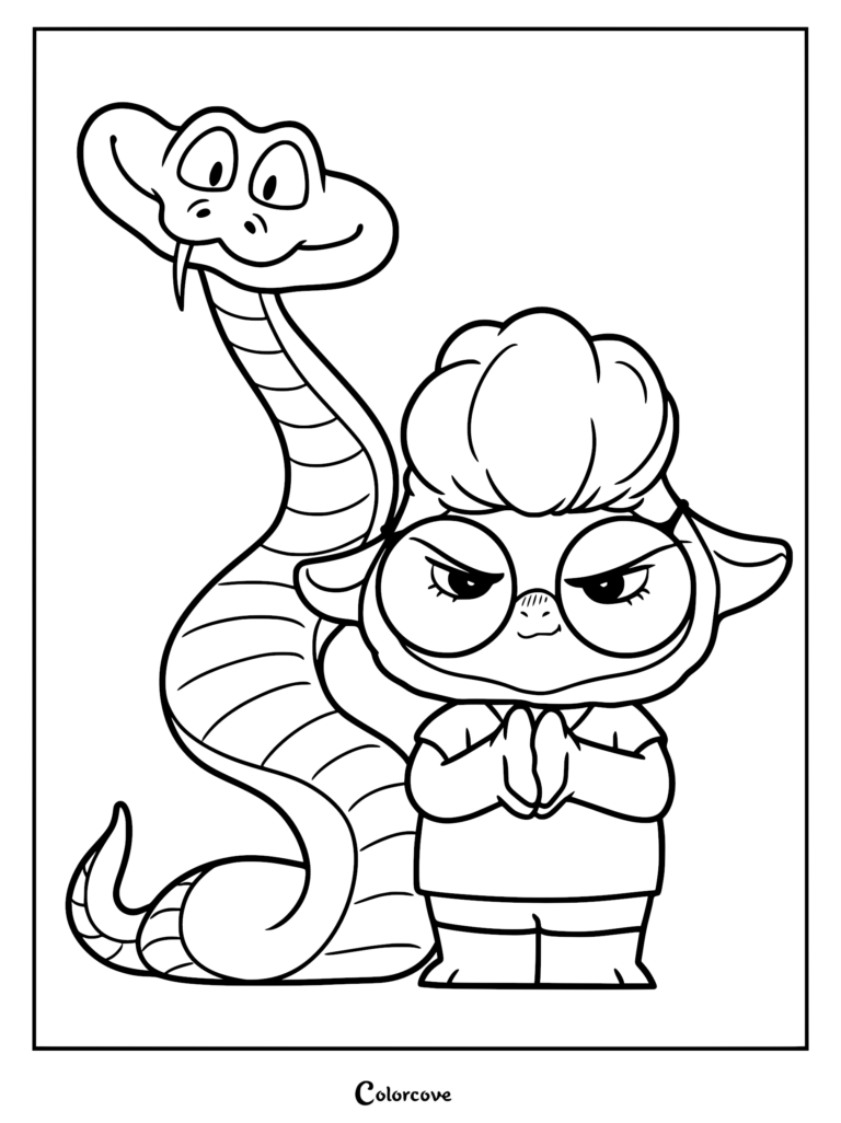 A printable coloring page featuring Dawn Bellwether standing with her hands clasped in front of her while Gary De'Snake looms behind her.