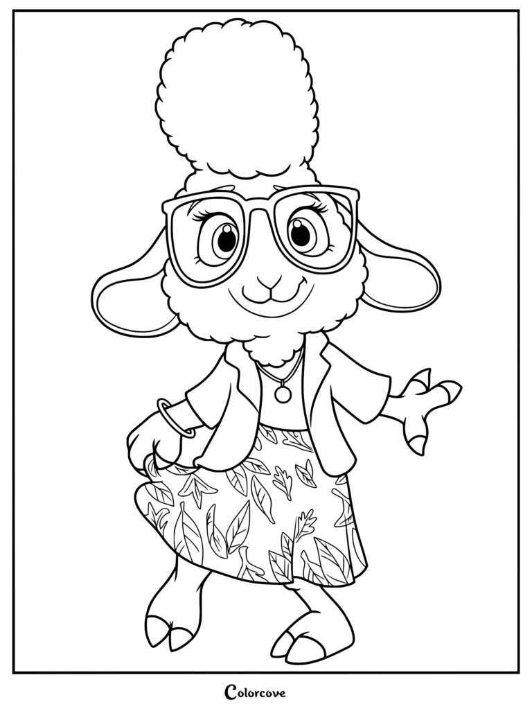 A printable coloring page featuring Dawn Bellwether from Zootopia, wearing her signature glasses, blazer, and leaf-patterned skirt.