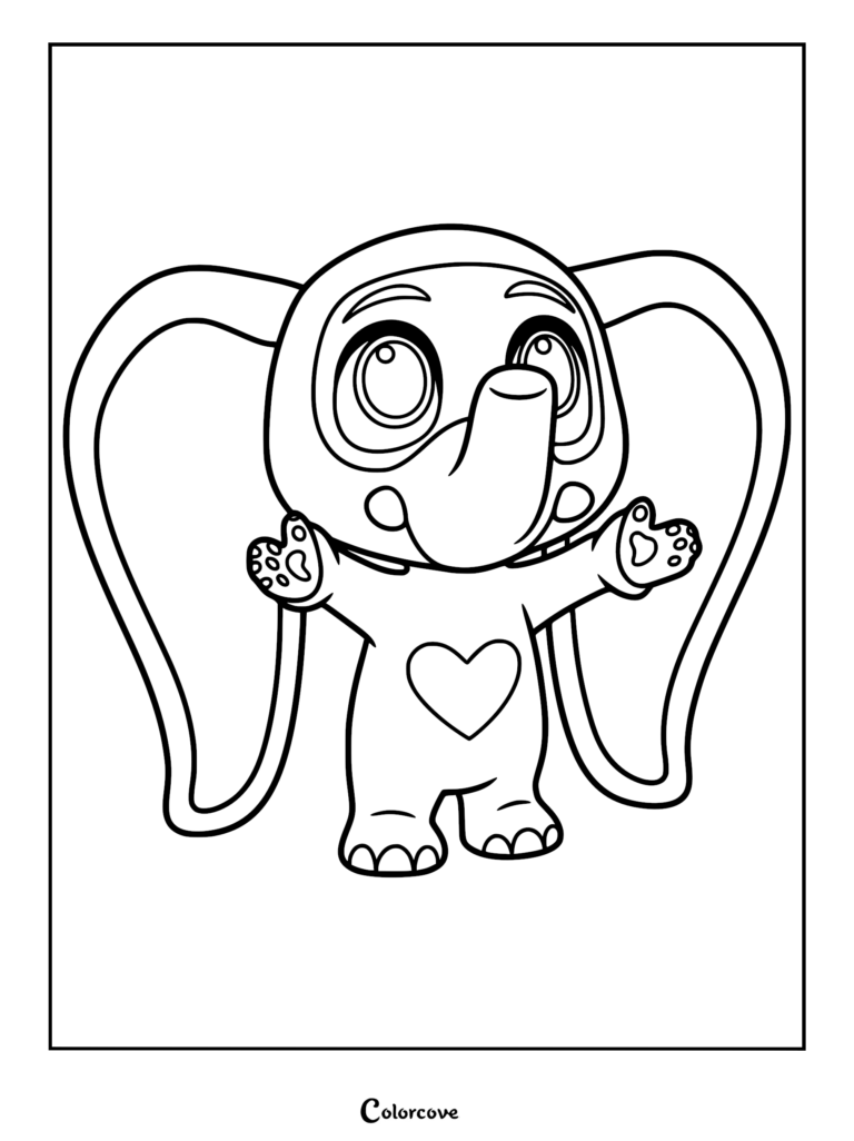 Finnick from Zootopia wearing an elephant costume with a heart on the chest, line art coloring page.