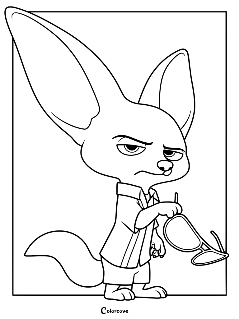 Finnick the fennec fox holding his sunglasses in a printable coloring page.
