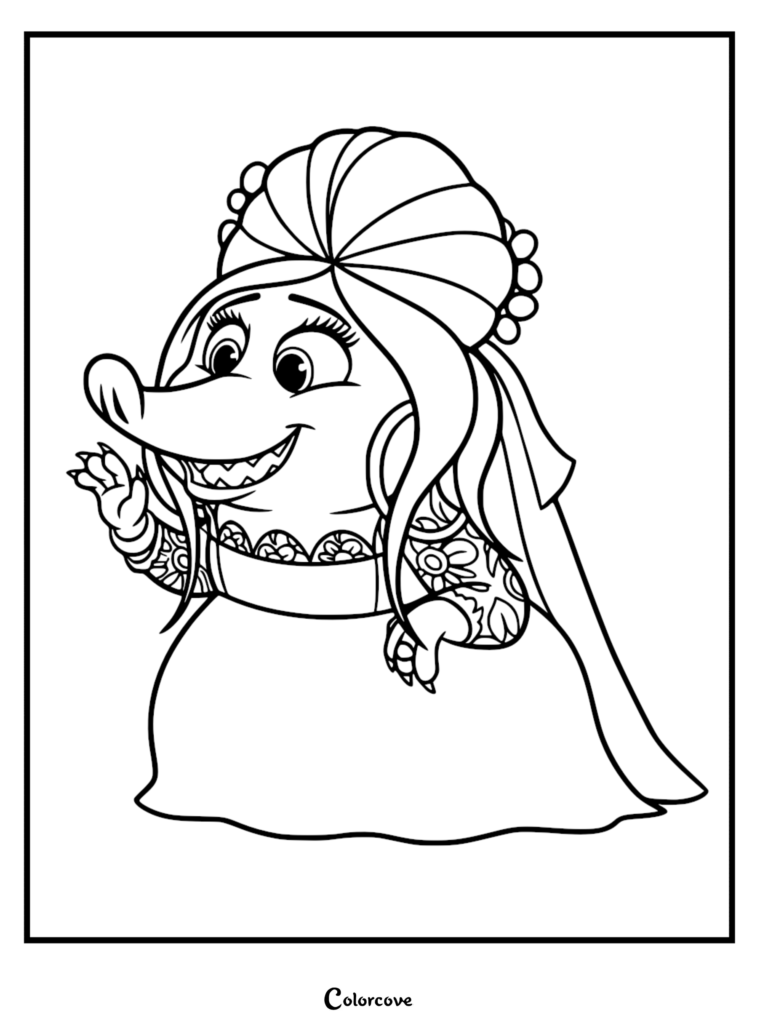 A detailed line art coloring page of Fru Fru from Zootopia, wearing her elegant wedding dress and headpiece while waving.