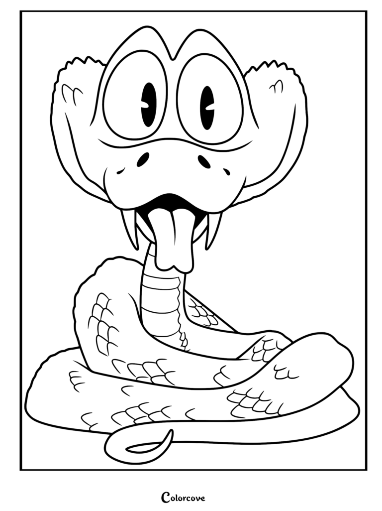 A printable coloring page featuring the Zootopia 2 character Gary De'Snake, a blue pit viper with large eyes and a protruding tongue, shown in a coiled pose.
