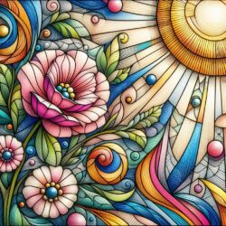 Coloring page with vibrant floral patterns, swirling foliage, and a radiant sun, perfect for mindfulness and relaxation.