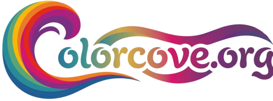 A colorful rainbow wave graphic featuring the alanacave.org website logo for a free online coloring pages platform.