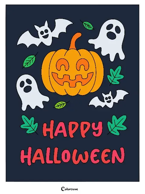 Jack-o'-lantern, ghosts, and bats surrounded by autumn leaves.