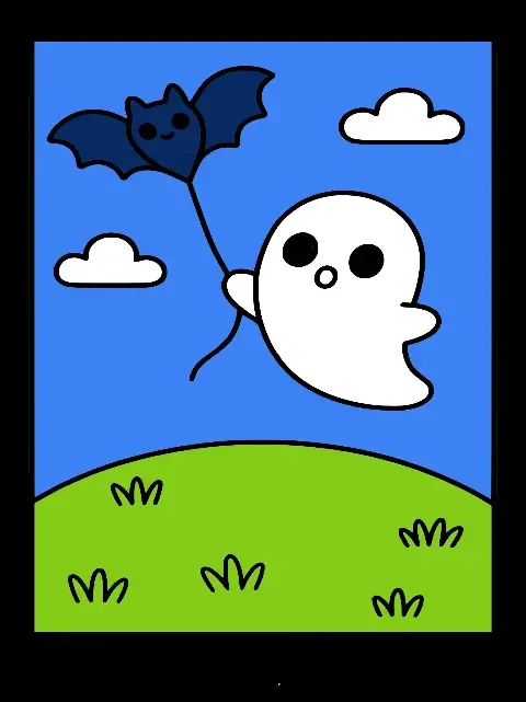 Cute ghost holding a bat-shaped kite above grassy hill.