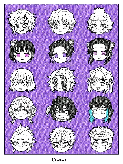 Various chibi character head illustrations from Kimetsu no Yaiba.