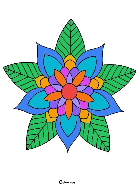 A symmetrical five-petal flower mandala with leaf-textured petals.