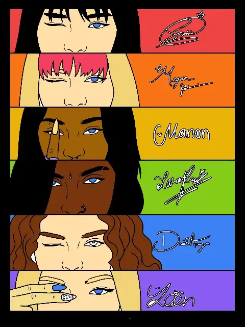 Line art of Katseye members faces next to their signatures.