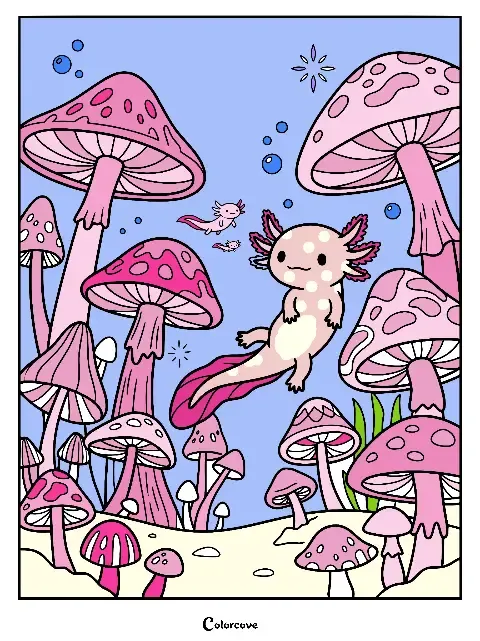 Cute axolotl swimming amidst a forest of giant mushrooms.