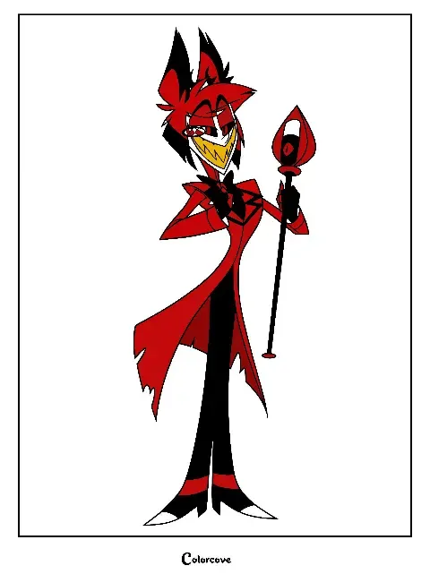 Alastor stands confidently holding his signature microphone staff.