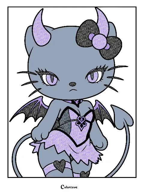 Demon kitten with bat wings, devil tail, and bow.